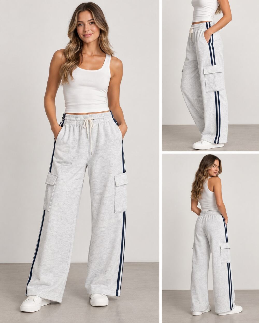 In Good State Women’s Wide Leg Cargo Sweatpants Gray Navy Stripe Size S NWT